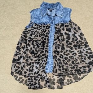 Stylish Kids Denim and Leopard Print Blouse